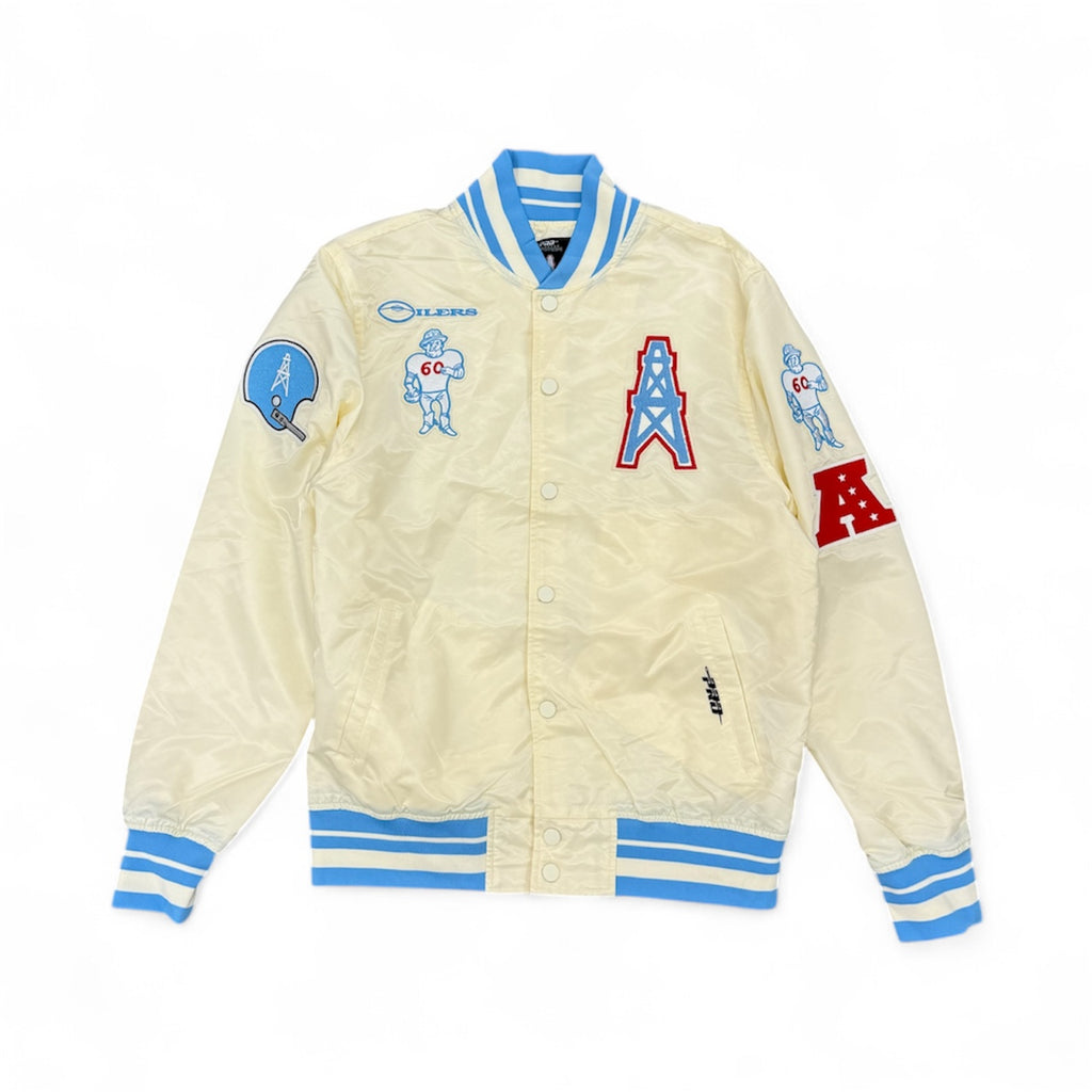 PROMAX HOUSTON OILERS RETRO CLASSIC RIB SATIN JACKET EGGSHELL/ UNIVERSITY BLUE